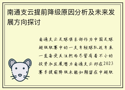 南通支云提前降级原因分析及未来发展方向探讨